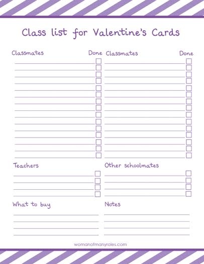 Printable: Class List for Valentine’s Day Cards